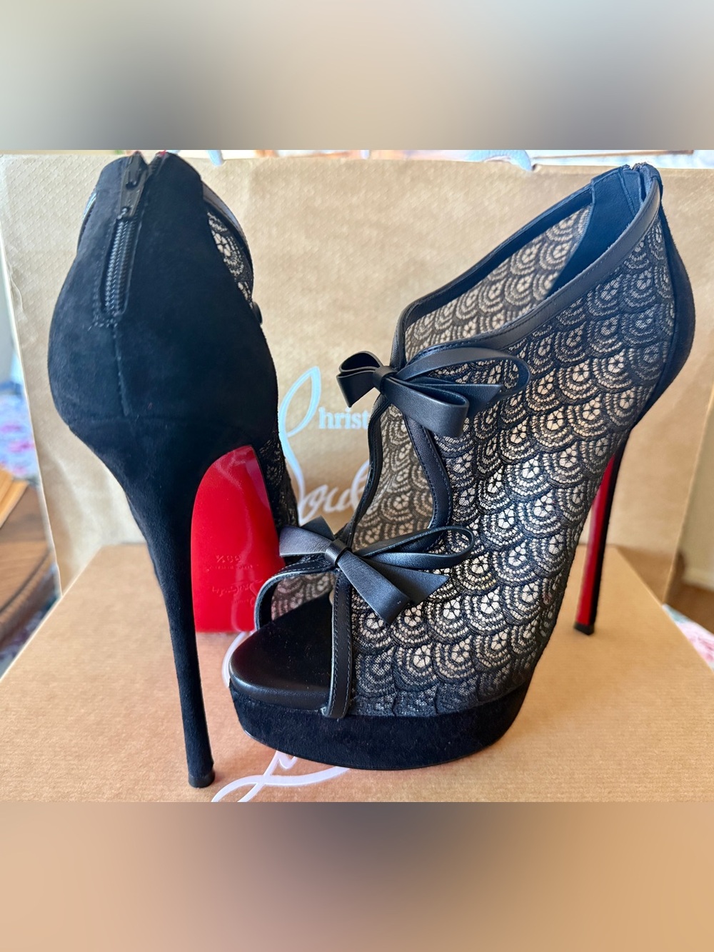 Christian Louboutin Black Lace Peep-Toe Platform Pumps